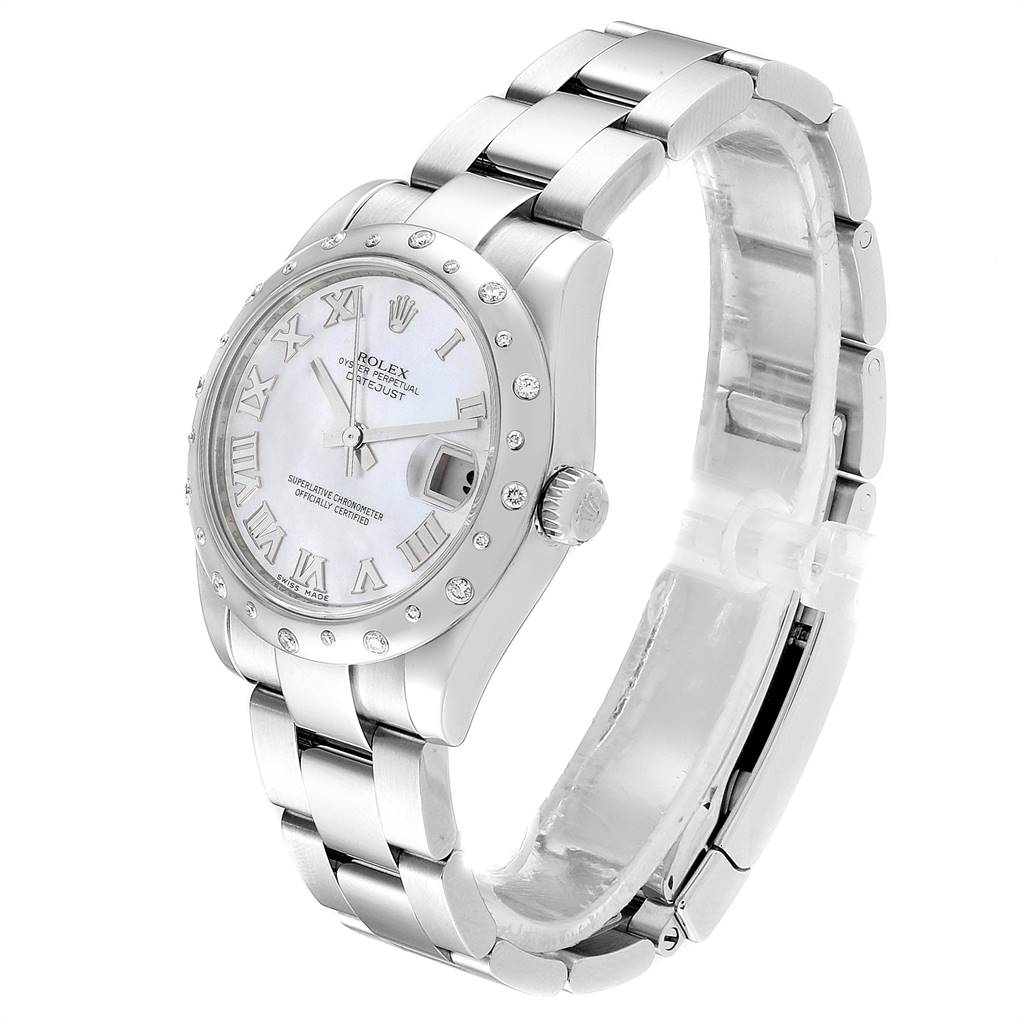 This image shows a Mid-Size Rolex watch from a front angle, featuring the face, bezel, crown, and bracelet.