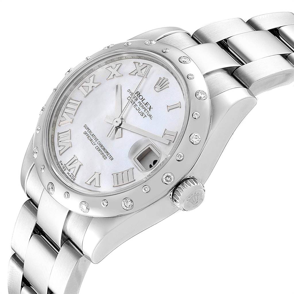 The image shows a Rolex Datejust Mid-Size watch at an angle displaying its dial, bezel, crown, and part of the bracelet.
