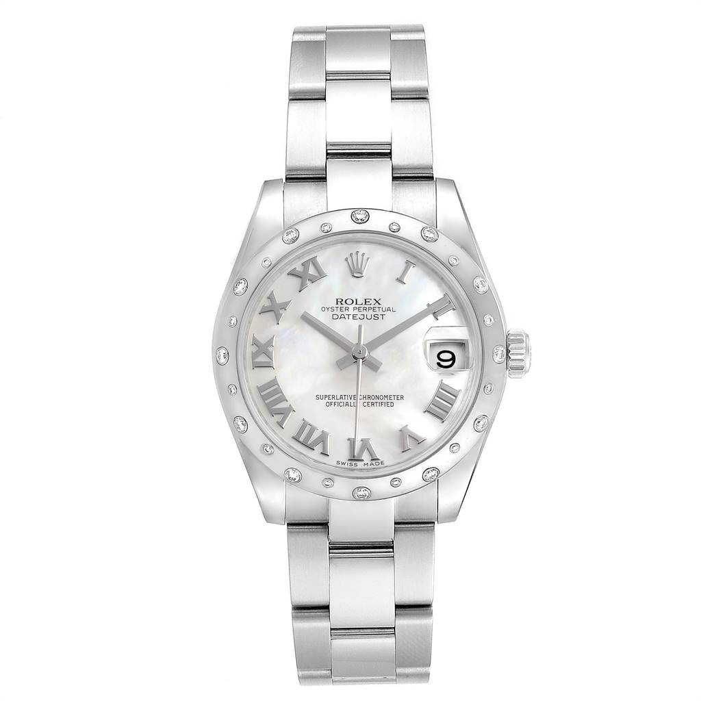 The image shows a front view of a Rolex Mid-Size 178344 Women's Stainless Steel Mother of Pearl Dial 178344 Women's Stainless Steel Mother of Pearl Dial Datejust watch with a stainless steel bracelet and Roman numeral dial.