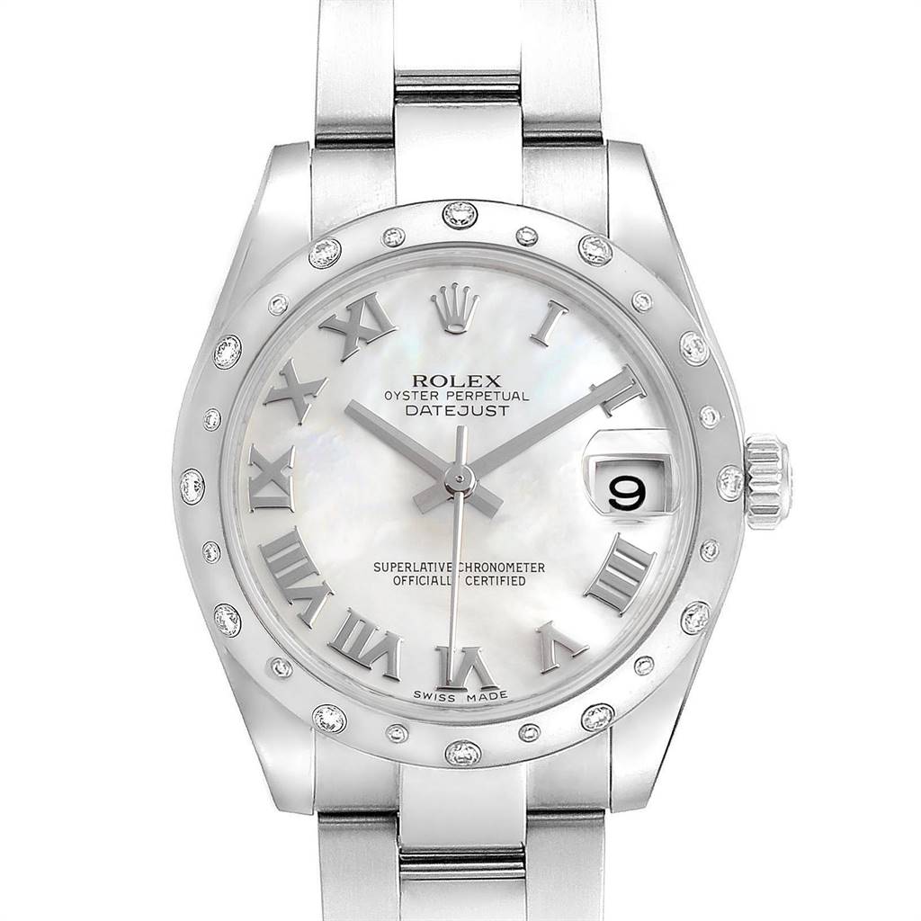 The image shows a front view of a Rolex Oyster Perpetual Datejust Mid-Size watch displaying the face, bezel, and bracelet.