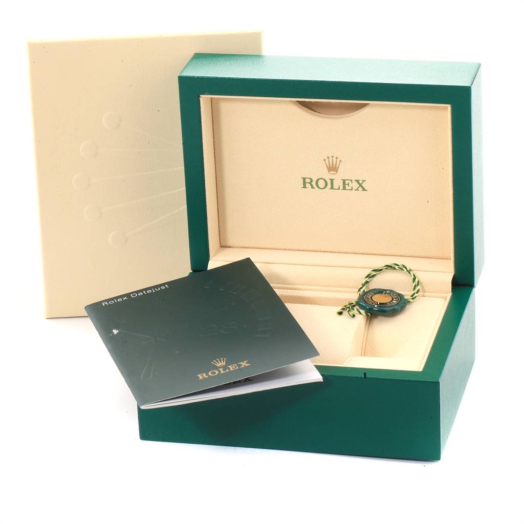 The image shows a Rolex Mid-Size 178344 Women's Stainless Steel Mother of Pearl Dial 178344 Women's Stainless Steel Mother of Pearl Dial model watch box, an open booklet, and a green tag inside the box.