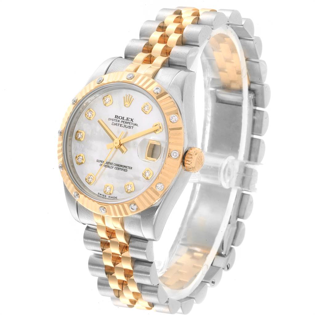 The image shows a Rolex Mid-Size 178313 Women's Stainless Steel Mother of Pearl Dial 178313 Women's Stainless Steel Mother of Pearl Dial Datejust watch at a three-quarter angle highlighting the face, bezel, and bracelet.