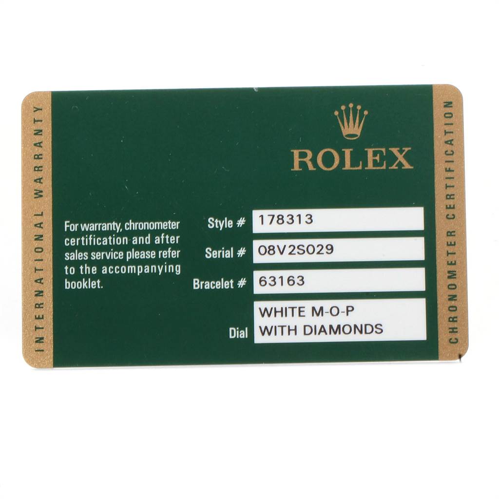 This image shows the warranty and certification card for a Mid-Size Rolex watch, model number 178313.