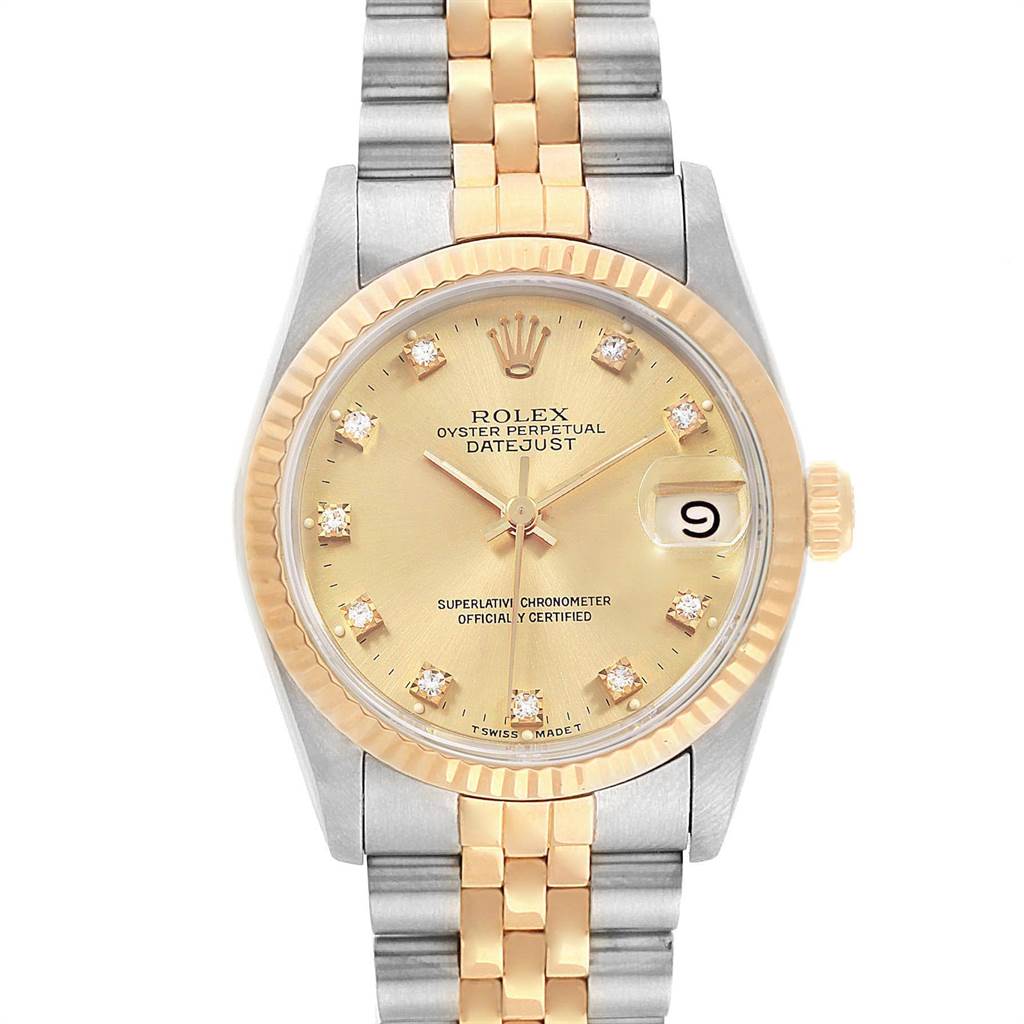 The image shows a front view of a Rolex Mid-Size 68273 Women's Steel and Gold (two tone) Champagne Dial 68273 Women's Steel and Gold (two tone) Champagne Dial Oyster Perpetual Datejust with a gold and silver bracelet and a champagne dial.