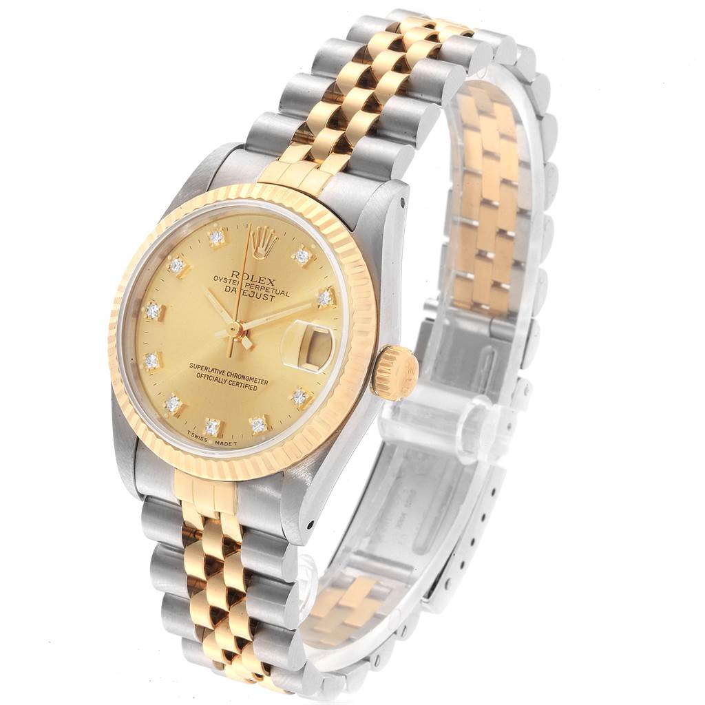 The image shows a Mid-Size Rolex watch at a three-quarter angle, highlighting the dial, bezel, crown, and two-tone bracelet.