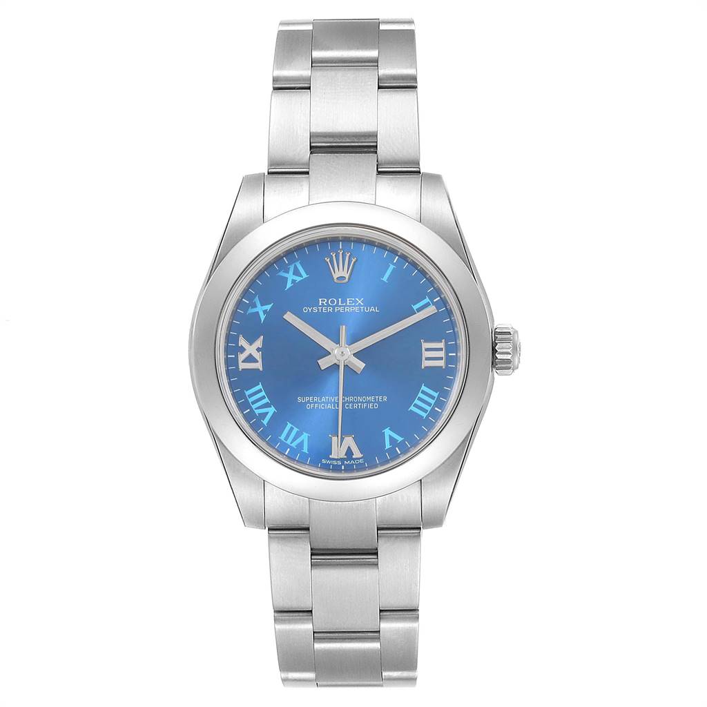 This image shows a front view of a Rolex Mid-Size 177200 Women's Stainless Steel Blue Dial 177200 Women's Stainless Steel Blue Dial Oyster Perpetual watch with a blue dial and silver bracelet.