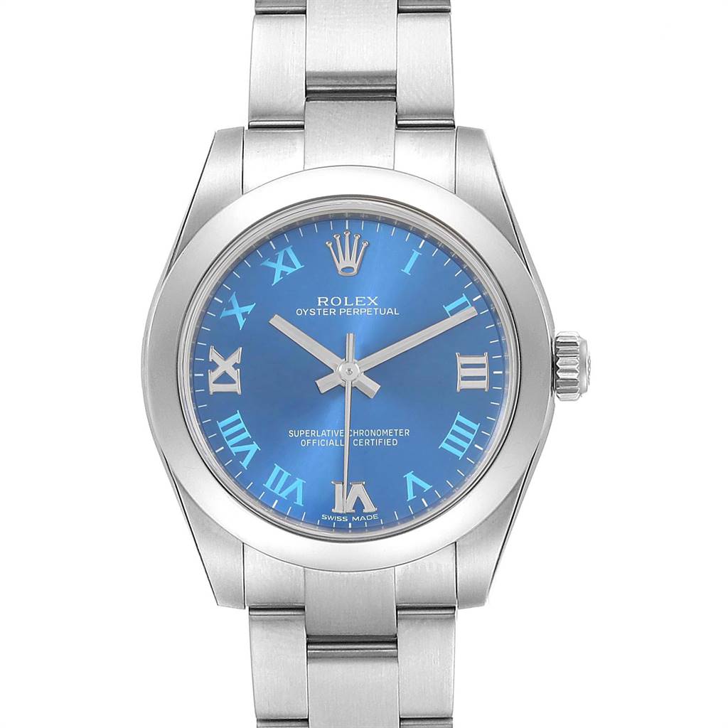 This image shows the front view of a Rolex Oyster Perpetual Mid-Size watch, highlighting the dial, bezel, case, and bracelet.