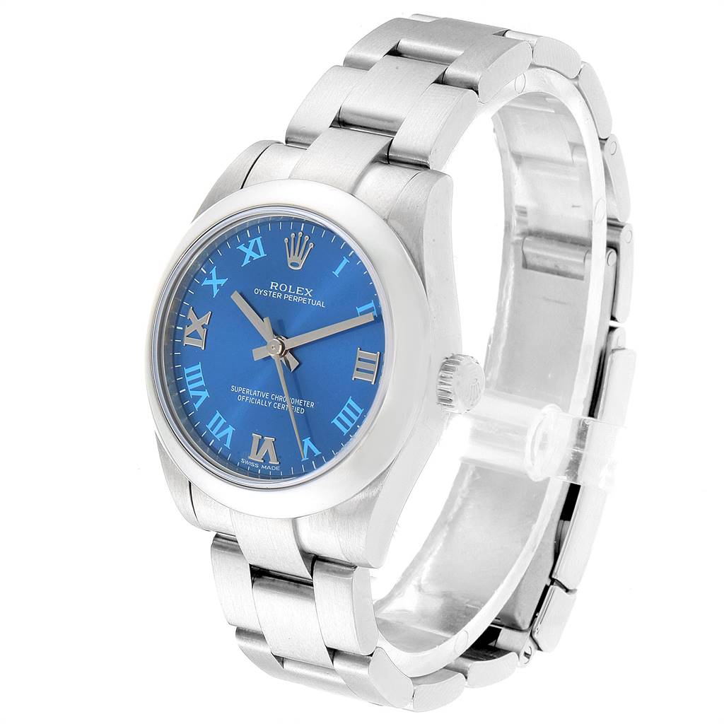 The Rolex Mid-Size 177200 Women's Stainless Steel Blue Dial 177200 Women's Stainless Steel Blue Dial watch is shown at an angle displaying the bracelet, bezel, crown, and blue dial.