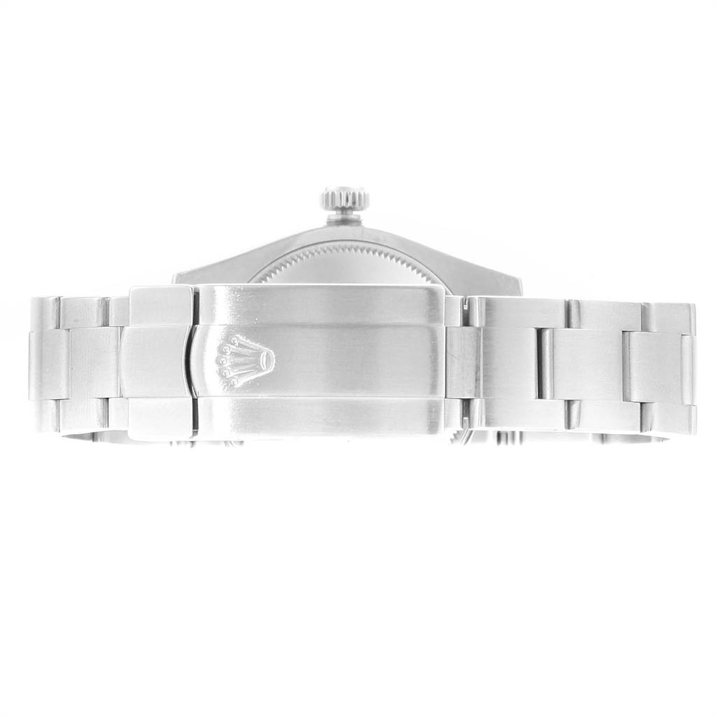 This image shows the clasp and part of the bracelet of a Rolex Mid-Size 177200 Women's Stainless Steel Blue Dial 177200 Women's Stainless Steel Blue Dial model from a side angle.