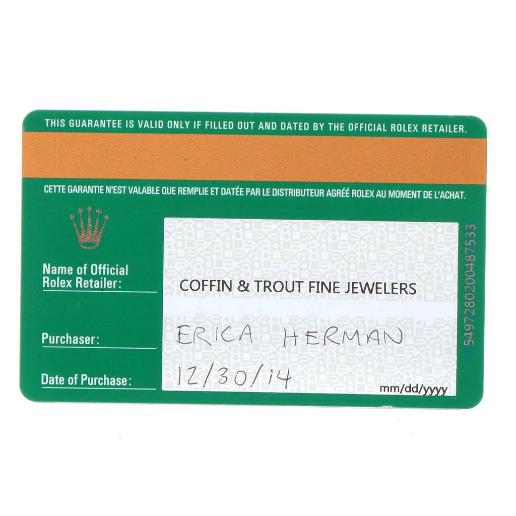 The image shows a guarantee card for a Mid-Size Rolex watch from an official Rolex retailer.
