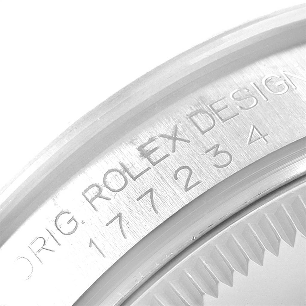 This image shows a close-up angle of the case back of a Rolex Mid-Size 177234 Women's Stainless Steel Blue Dial 177234 Women's Stainless Steel Blue Dial model, highlighting the model number and "Original Rolex Design" engraving.
