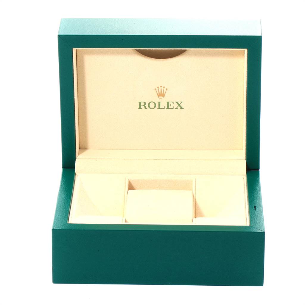 This is an open Rolex watch box for a Mid-Size model, showing the inside compartments and cushion.
