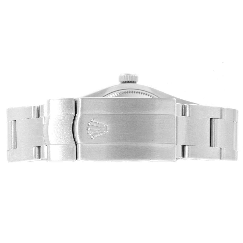 This image shows the clasp and part of the bracelet of a Rolex Mid-Size 177234 Women's Stainless Steel Blue Dial 177234 Women's Stainless Steel Blue Dial watch from the back angle.