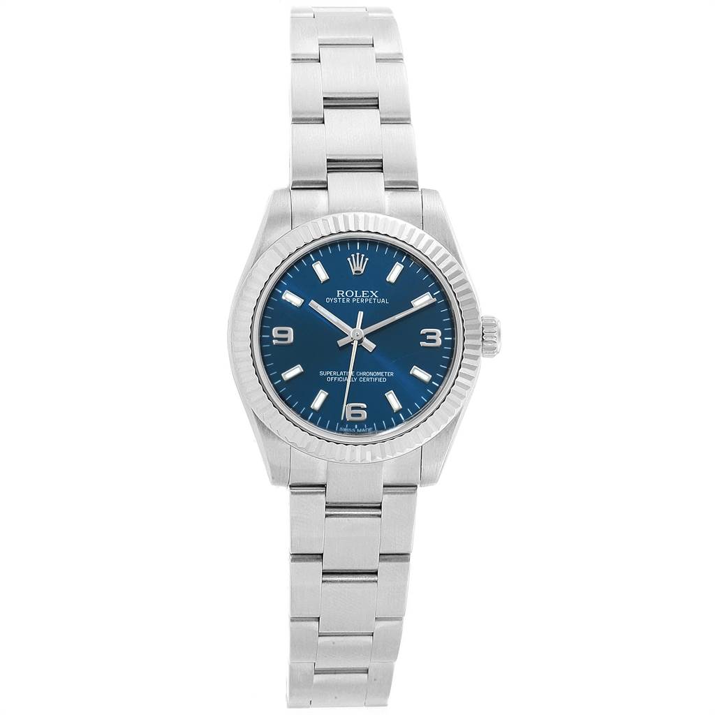 The image shows a front view of a Rolex Mid-Size 177234 Women's Stainless Steel Blue Dial 177234 Women's Stainless Steel Blue Dial Oyster Perpetual watch, displaying the dial, bezel, and metal bracelet.