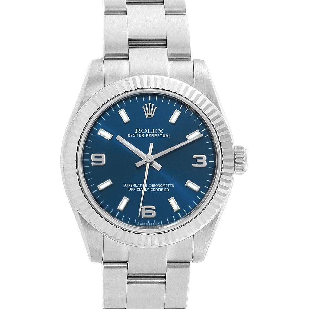 The Rolex Mid-Size 177234 Women's Stainless Steel Blue Dial 177234 Women's Stainless Steel Blue Dial model is shown from a front angle, displaying the face, crown, and bracelet.