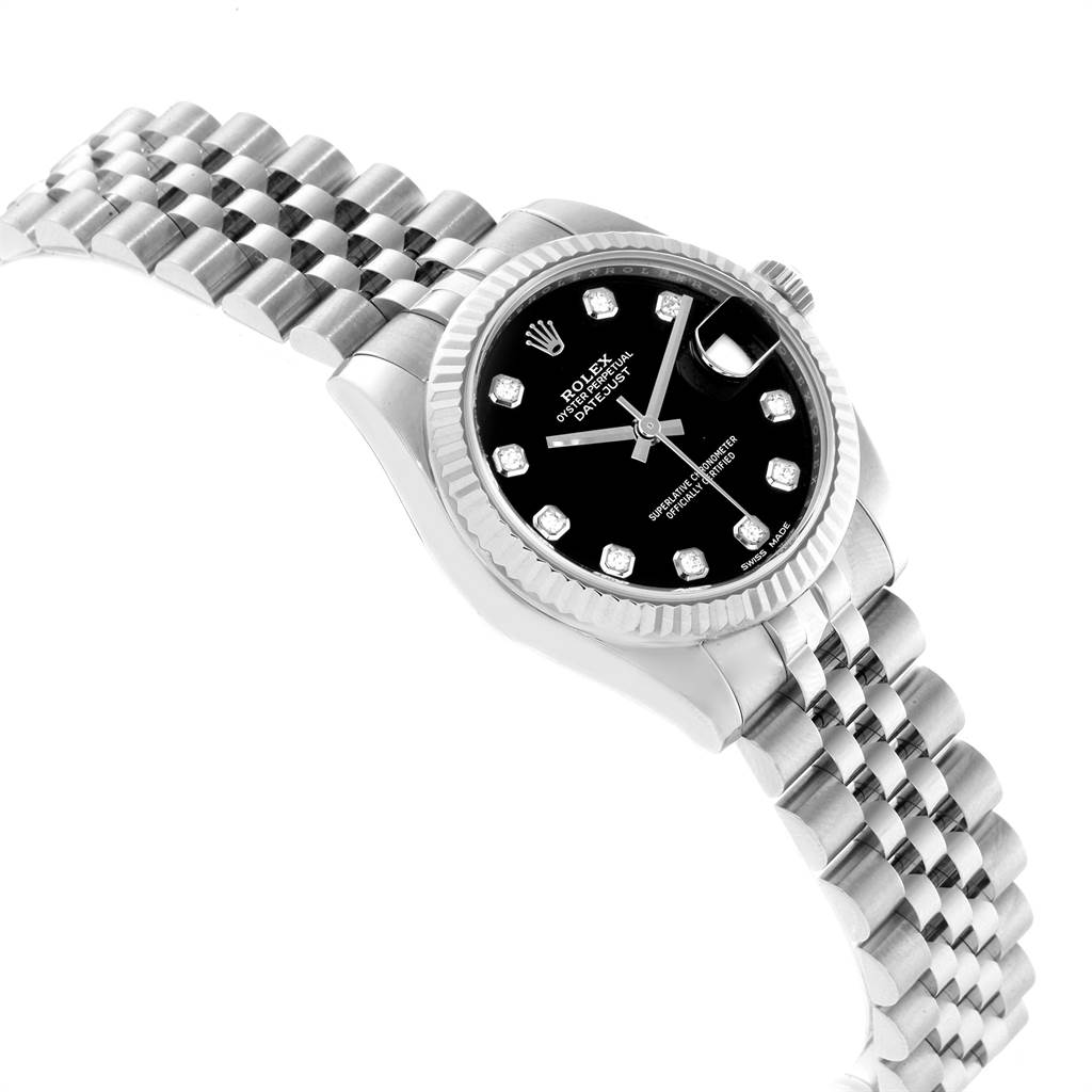 This image shows a side angle of a Rolex Mid-Size 178274 Women's Stainless Steel Black Dial 178274 Women's Stainless Steel Black Dial Datejust watch, highlighting its bracelet, bezel, and dial.