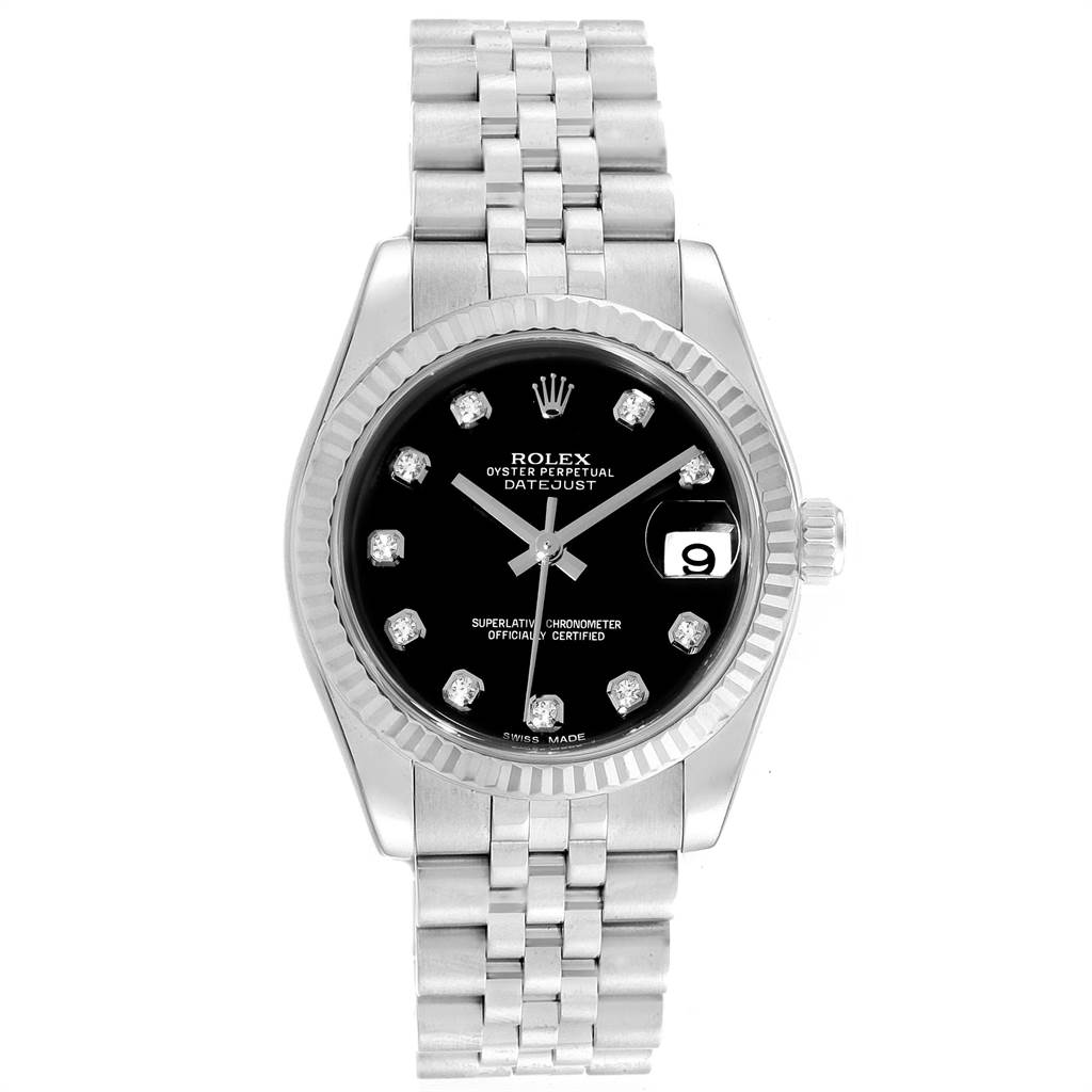 The image shows a Rolex Oyster Perpetual Datejust Mid-Size watch from a front angle, highlighting the face, bezel, and bracelet.