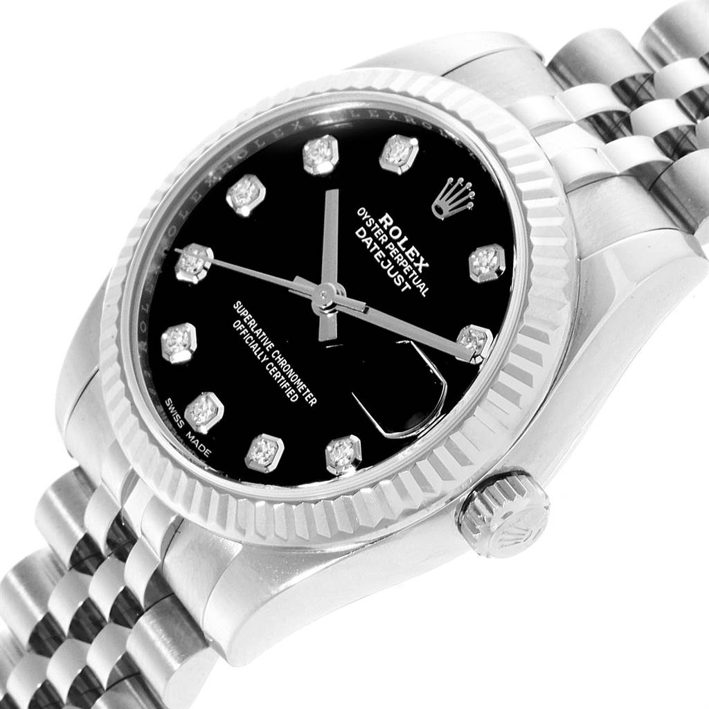 The image shows a close-up of the Rolex Mid-Size 178274 Women's Stainless Steel Black Dial 178274 Women's Stainless Steel Black Dial Datejust watch, highlighting the black dial, diamond hour markers, and jubilee bracelet.