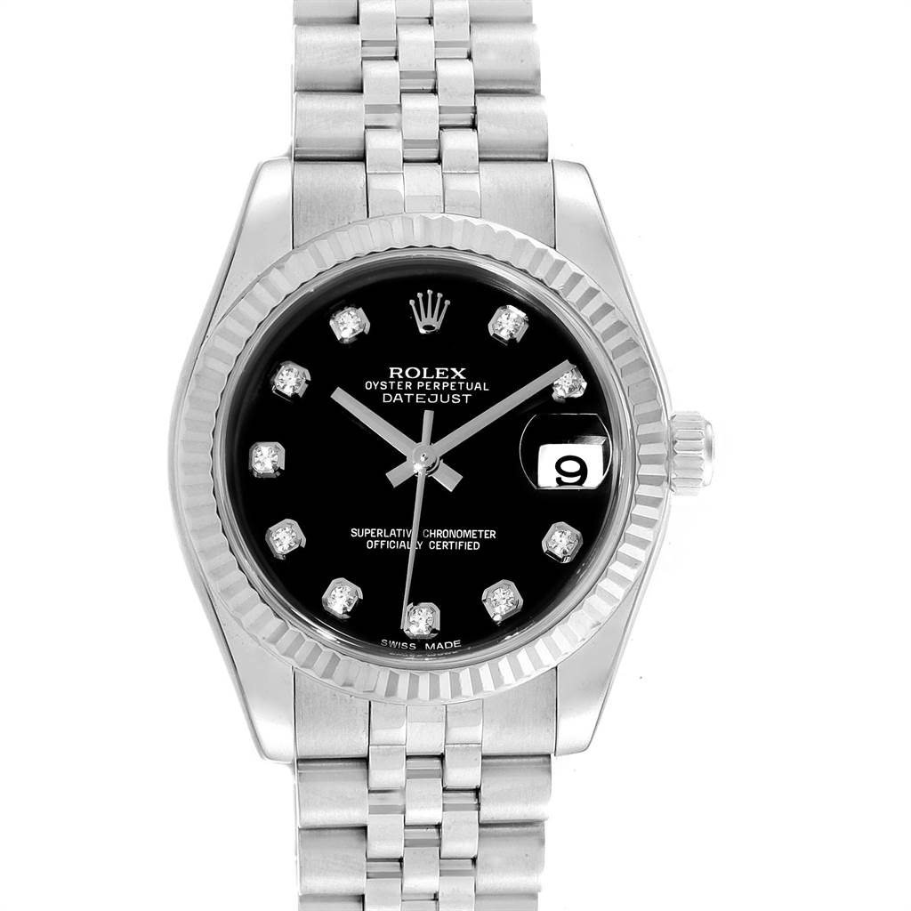 This image shows a front view of a Mid-Size Rolex Datejust watch with a black dial and silver bracelet.