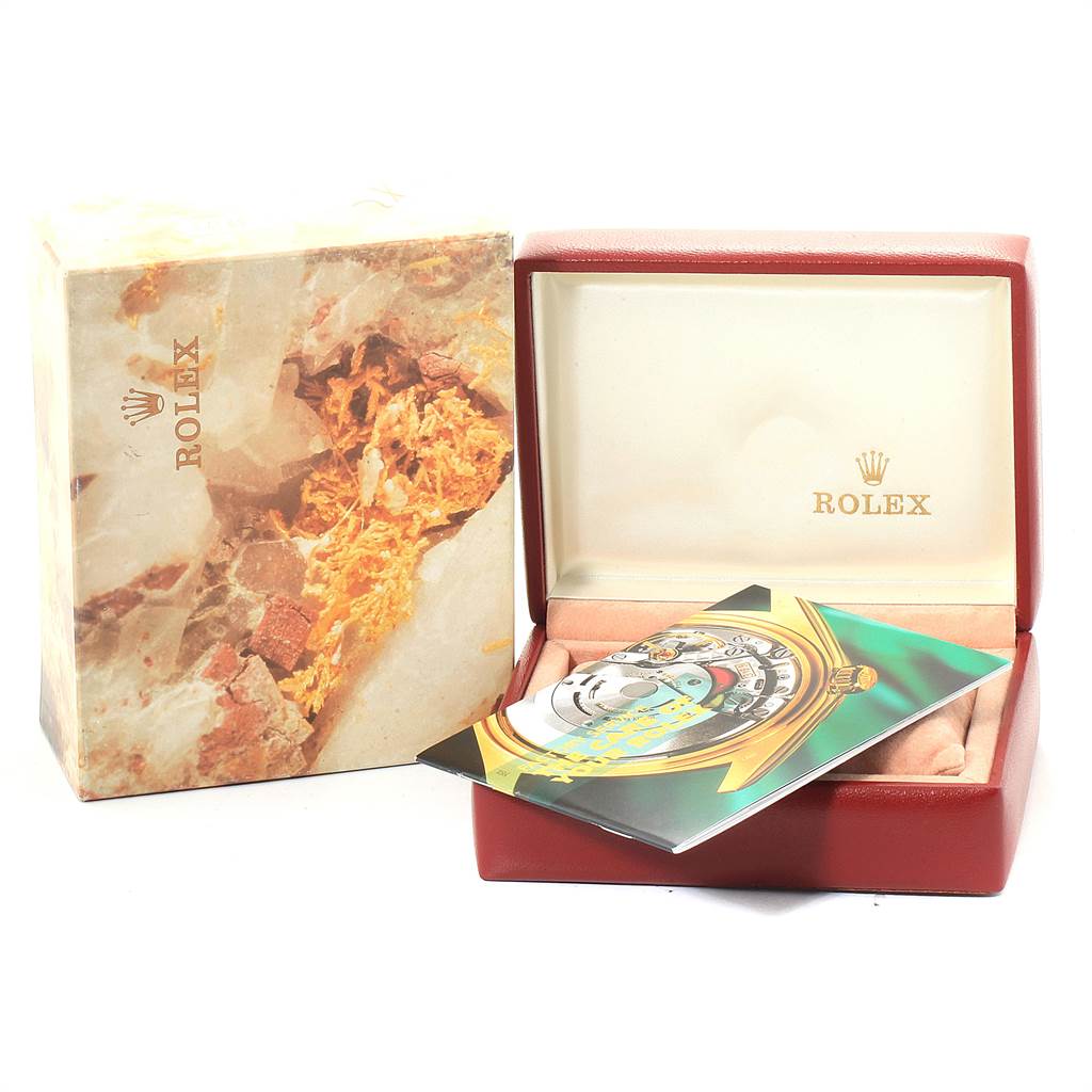 The image shows a Rolex Mid-Size 68273 Women's Steel and Gold (two tone) Champagne Dial 68273 Women's Steel and Gold (two tone) Champagne Dial model watch box and card from a front angle.