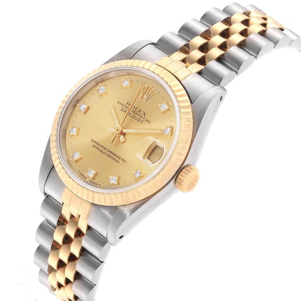 This image shows a Rolex Mid-Size 68273 Women's Steel and Gold (two tone) Champagne Dial 68273 Women's Steel and Gold (two tone) Champagne Dial watch at a slight angle, highlighting its face, bezel, and two-tone bracelet.