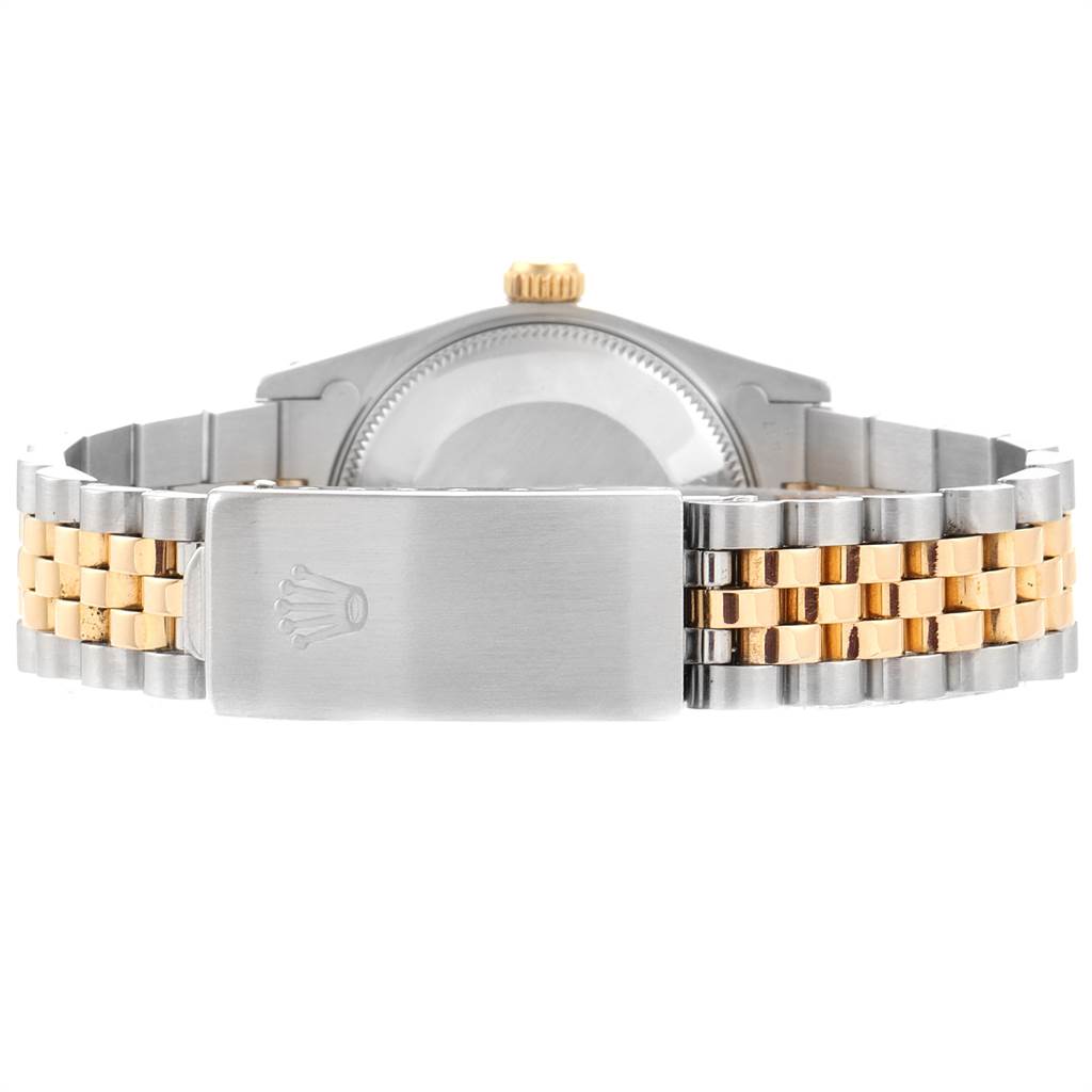 The image shows the back view of the Rolex Mid-Size 68273 Women's Steel and Gold (two tone) Champagne Dial 68273 Women's Steel and Gold (two tone) Champagne Dial model, featuring the clasp and bracelet.