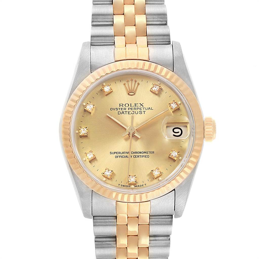 Mid-Size Rolex Datejust watch shown from the front, featuring a two-tone bracelet and a gold dial with diamond hour markers.