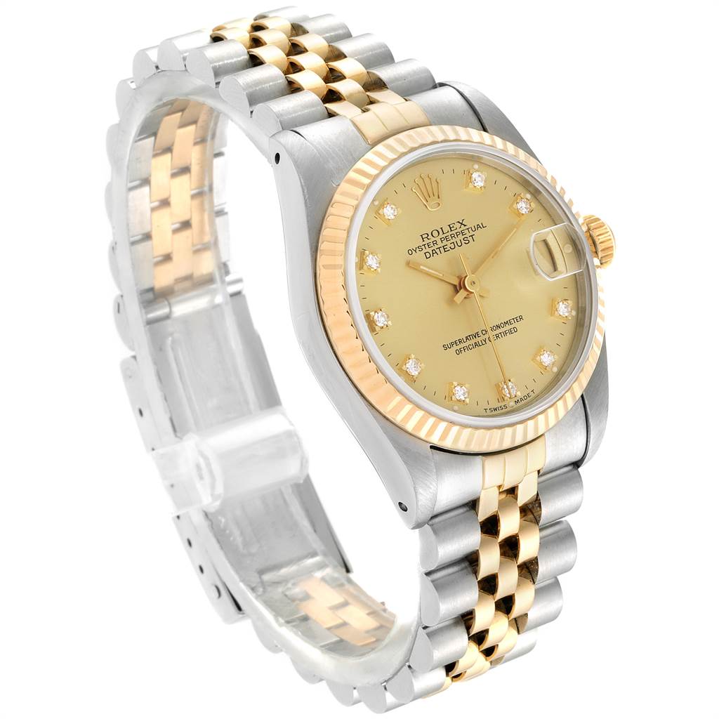 This image shows a Rolex Oyster Perpetual Datejust Mid-Size model at a three-quarter angle, highlighting the dial, bracelet, and clasp.