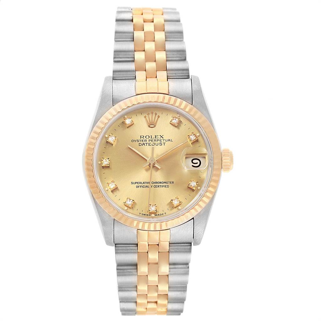The image shows a front view of the Rolex Oyster Perpetual Datejust Mid-Size watch, highlighting its face, bezel, and bracelet.
