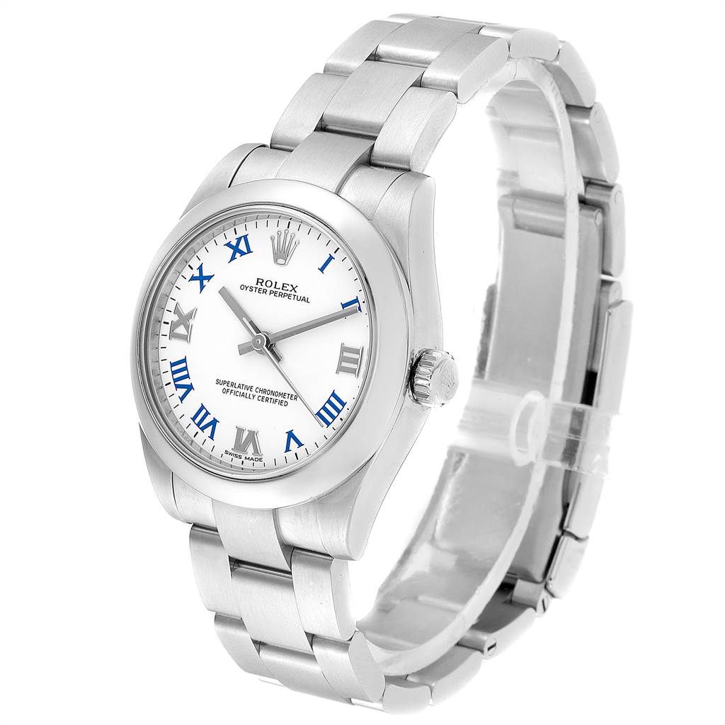 This Rolex Mid-Size 177200 Women
s Stainless Steel White Dial 177200 Women
s Stainless Steel White Dial model is shown in a three-quarter angle, displaying the face and bracelet.