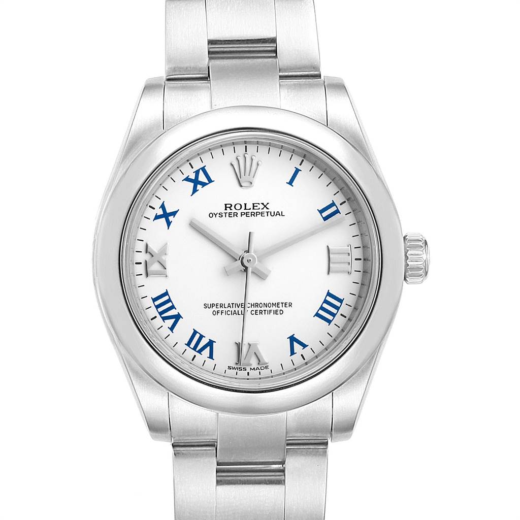 This image shows a front view of a Rolex Mid-Size 177200 Women
s Stainless Steel White Dial 177200 Women
s Stainless Steel White Dial Oyster Perpetual watch, displaying its dial, bezel, and bracelet.
