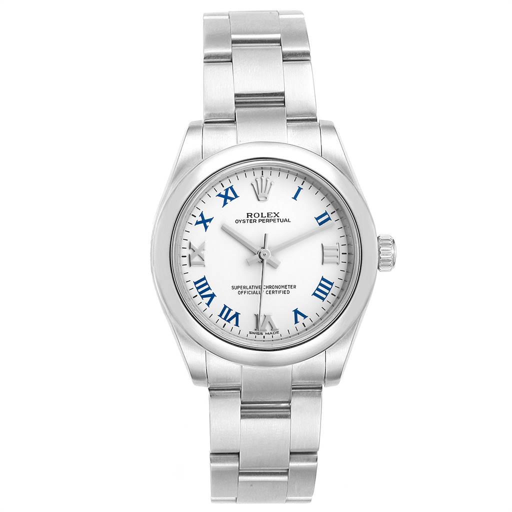 This image shows a frontal view of a Rolex Mid-Size 177200 Women
s Stainless Steel White Dial 177200 Women
s Stainless Steel White Dial Oyster Perpetual watch with its full bracelet visible.