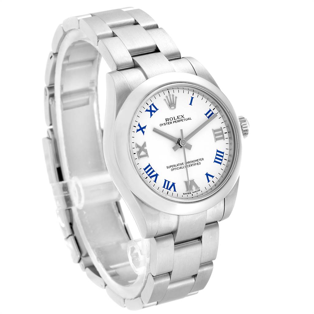 The image shows a three-quarter angle view of a Rolex Mid-Size 177200 Women
s Stainless Steel White Dial 177200 Women
s Stainless Steel White Dial Oyster Perpetual watch, highlighting the face, bezel, and bracelet.