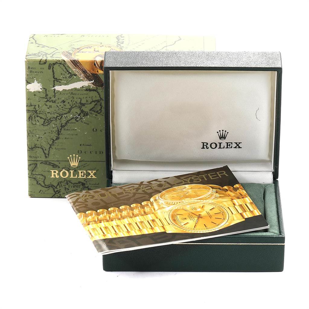 The image shows a Rolex Mid-Size 68273 Women's Steel and Gold (two tone) Beige Dial 68273 Women's Steel and Gold (two tone) Beige Dial model watch box, packaging material, and an informational booklet.