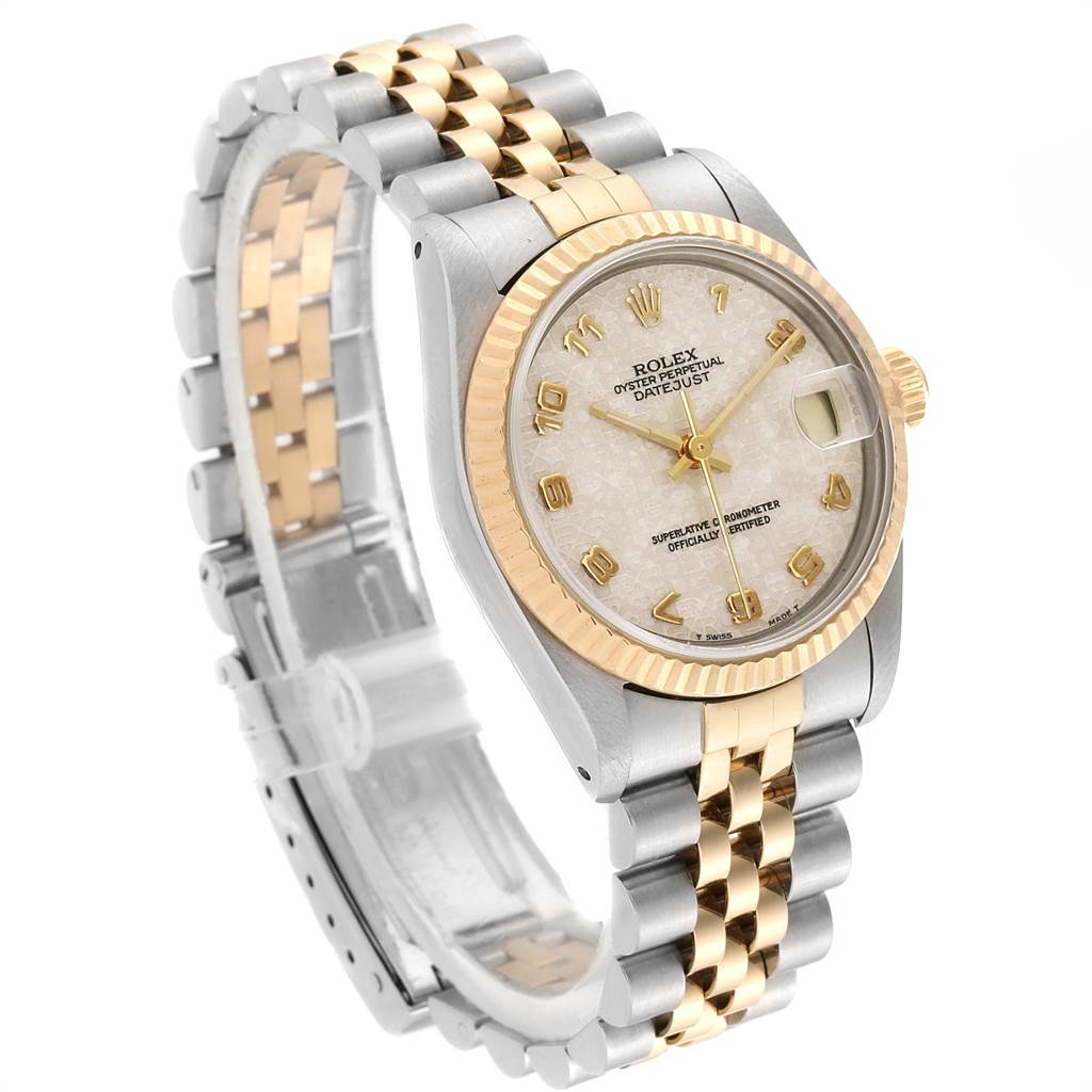 This image shows a Rolex Mid-Size 68273 Women's Steel and Gold (two tone) Beige Dial 68273 Women's Steel and Gold (two tone) Beige Dial Oyster Perpetual Datejust from an angled side view, highlighting the dial, bezel, and bracelet.