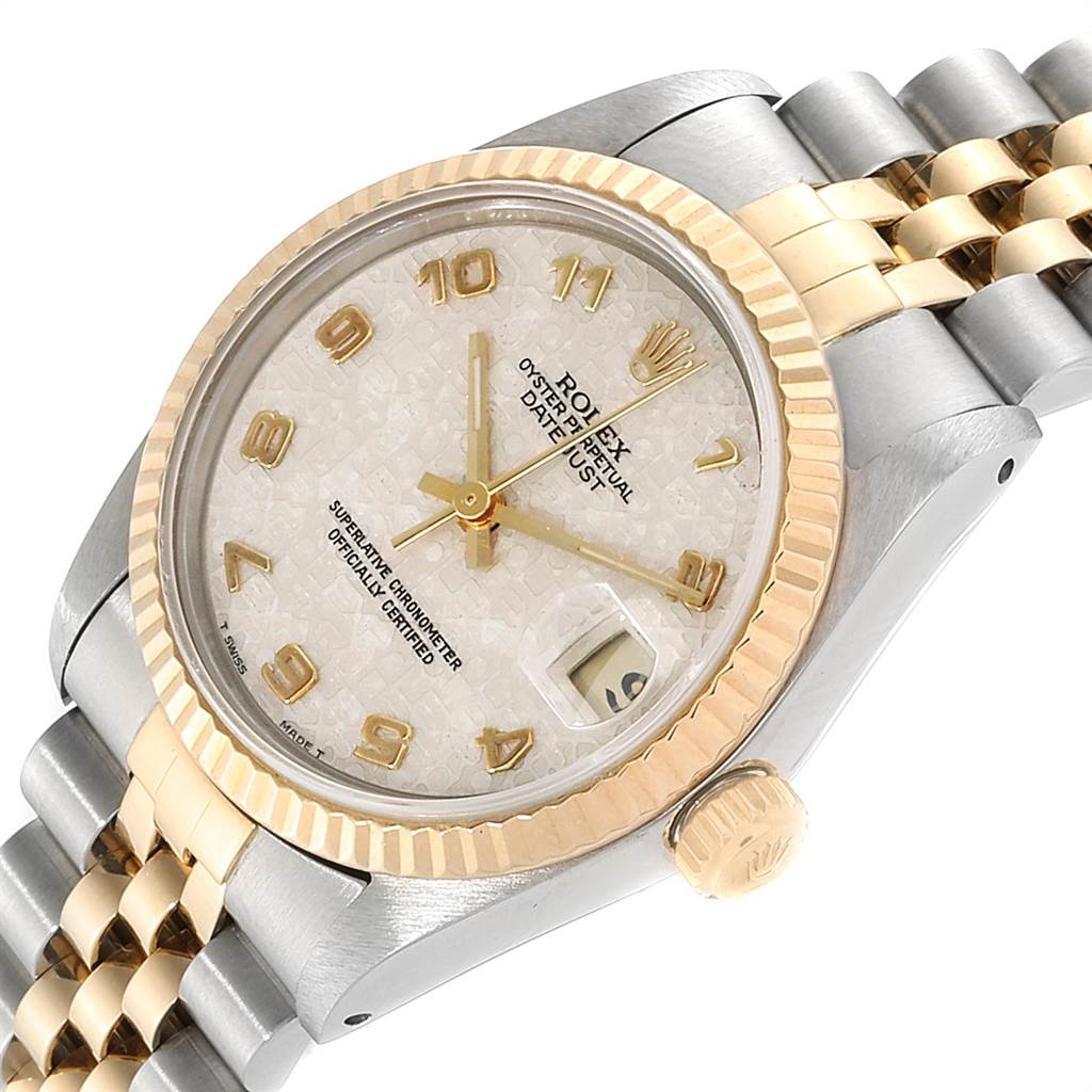 The Rolex Mid-Size 68273 Women's Steel and Gold (two tone) Beige Dial 68273 Women's Steel and Gold (two tone) Beige Dial model is shown from an angled close-up, highlighting the watch face, bezel, and part of the bracelet.