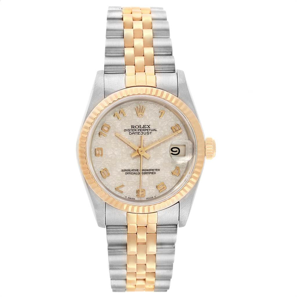 The Rolex Mid-Size 68273 Women's Steel and Gold (two tone) Beige Dial 68273 Women's Steel and Gold (two tone) Beige Dial Oyster Perpetual Datejust watch is shown from a front angle, displaying its face, bezel, and two-tone bracelet.