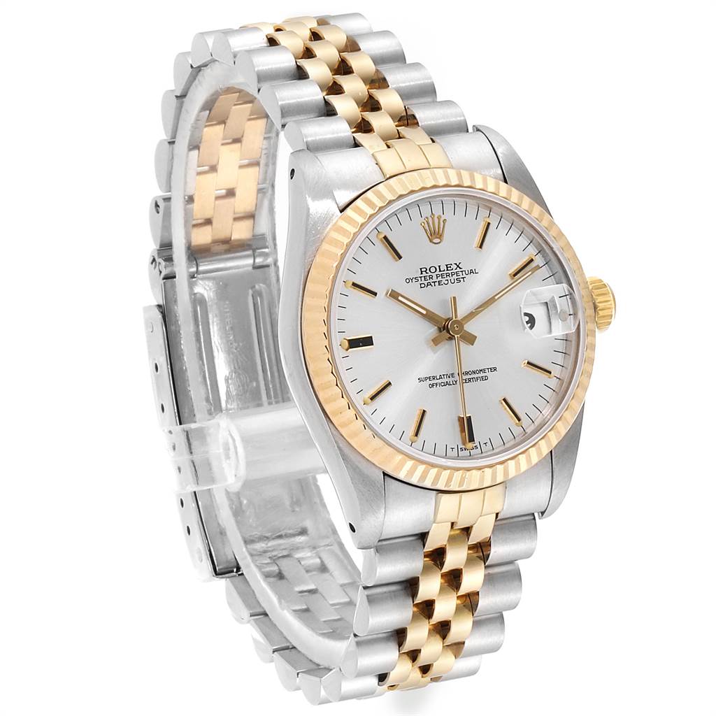 The Rolex Mid-Size 68273 Women's Steel and Gold (two tone) Silver Dial 68273 Women's Steel and Gold (two tone) Silver Dial watch is shown at a three-quarter angle, displaying the face, bezel, and two-tone bracelet.