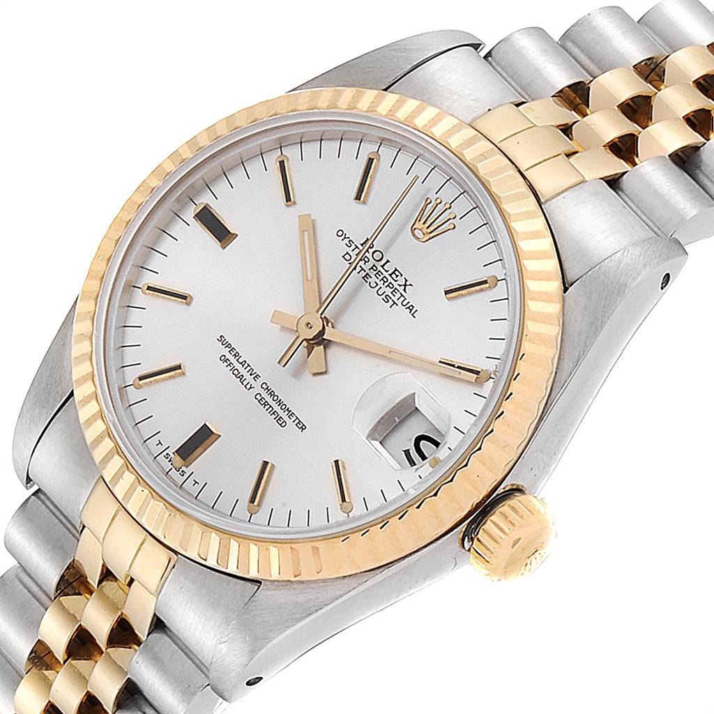 This image shows a top-angle view of a Rolex Mid-Size 68273 Women's Steel and Gold (two tone) Silver Dial 68273 Women's Steel and Gold (two tone) Silver Dial Datejust watch, highlighting the dial, bezel, crown, and bracelet.