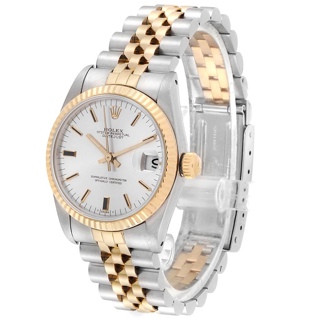 The image shows a mid-size Rolex Datejust watch at a slight angle, highlighting the dial, bezel, crown, and two-tone bracelet.