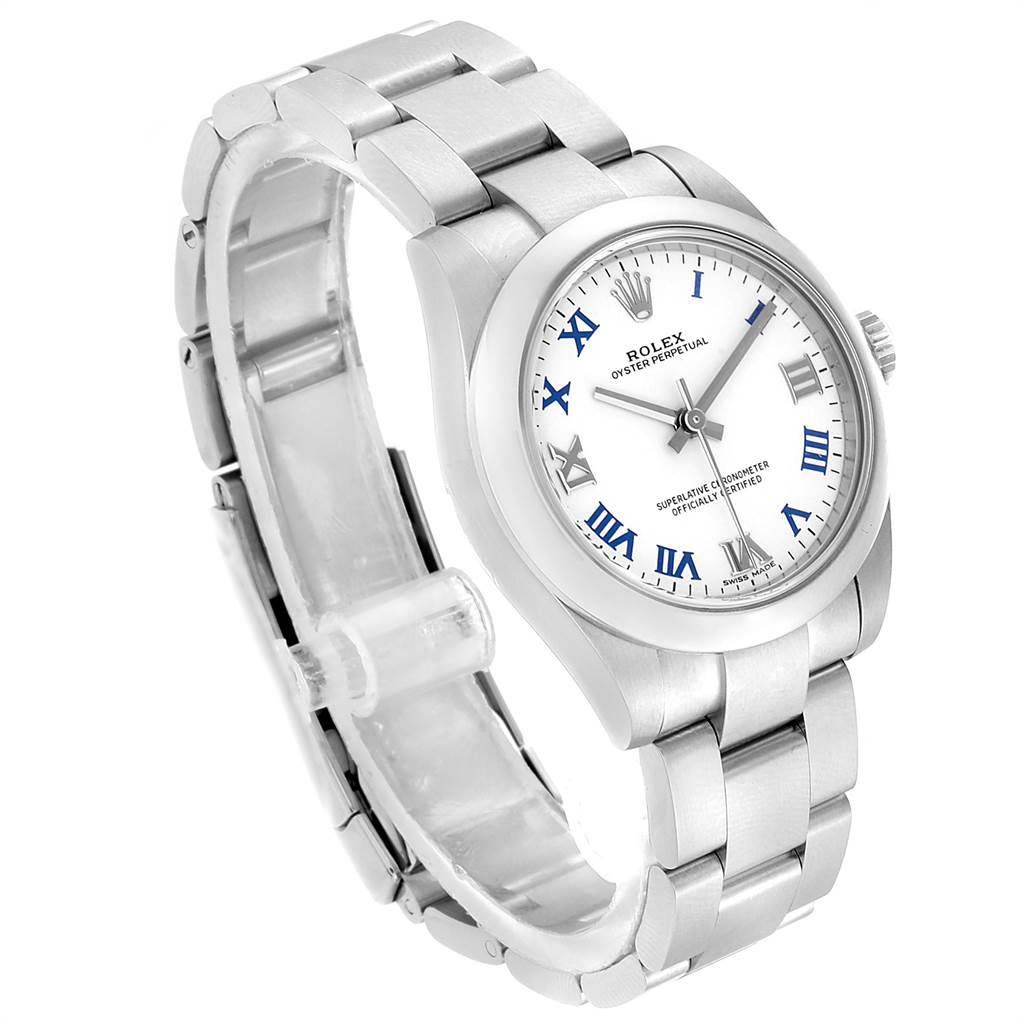 The image shows a Rolex Mid-Size 177200 Women's Stainless Steel White Dial 177200 Women's Stainless Steel White Dial Oyster Perpetual watch at an angle displaying the face, bezel, case, and part of the bracelet.