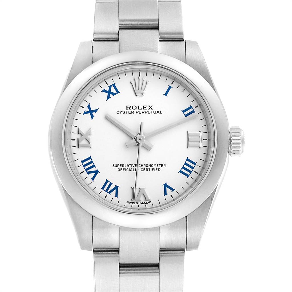 This image shows a front view of a Rolex Oyster Perpetual Mid-Size watch with a white dial and blue Roman numeral markers.