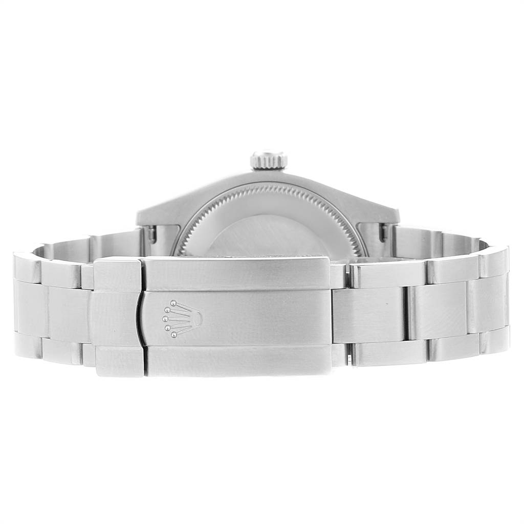 The image shows the back view of a Rolex Mid-Size 177200 Women's Stainless Steel White Dial 177200 Women's Stainless Steel White Dial model watch, featuring the case back and the bracelet with the clasp.