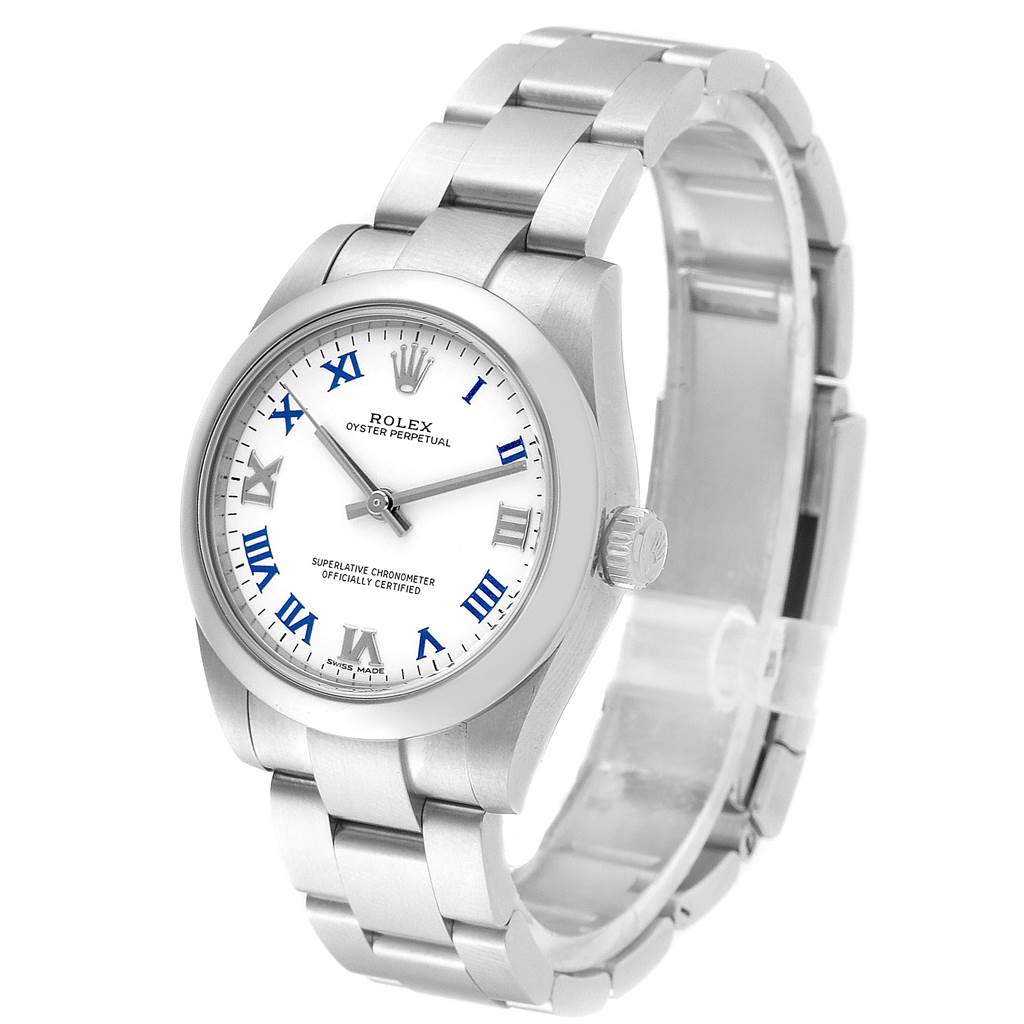 The image shows a Rolex Oyster Perpetual Mid-Size watch at a three-quarter angle, highlighting the watch face, bracelet, and crown.