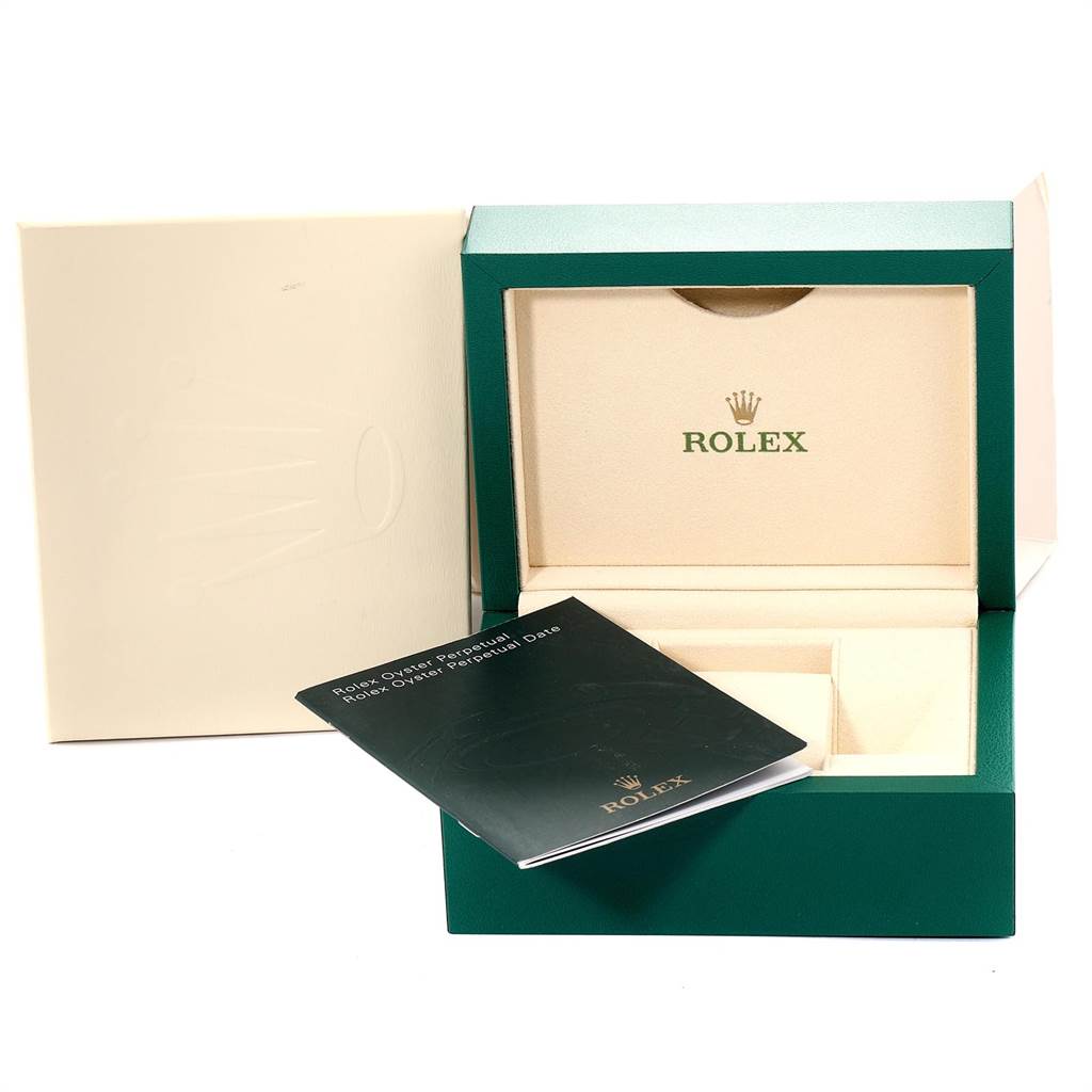 The image shows an open Rolex Mid-Size 177200 Women's Stainless Steel White Dial 177200 Women's Stainless Steel White Dial watch box with an instruction manual in front.