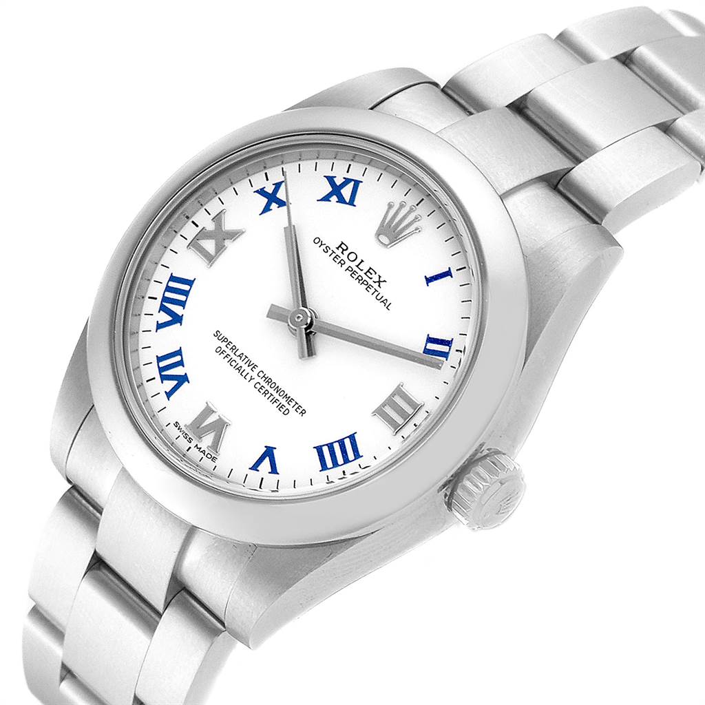 This Rolex Mid-Size 177200 Women's Stainless Steel White Dial 177200 Women's Stainless Steel White Dial watch is shown at an angled view, highlighting its dial, bezel, and part of the bracelet.