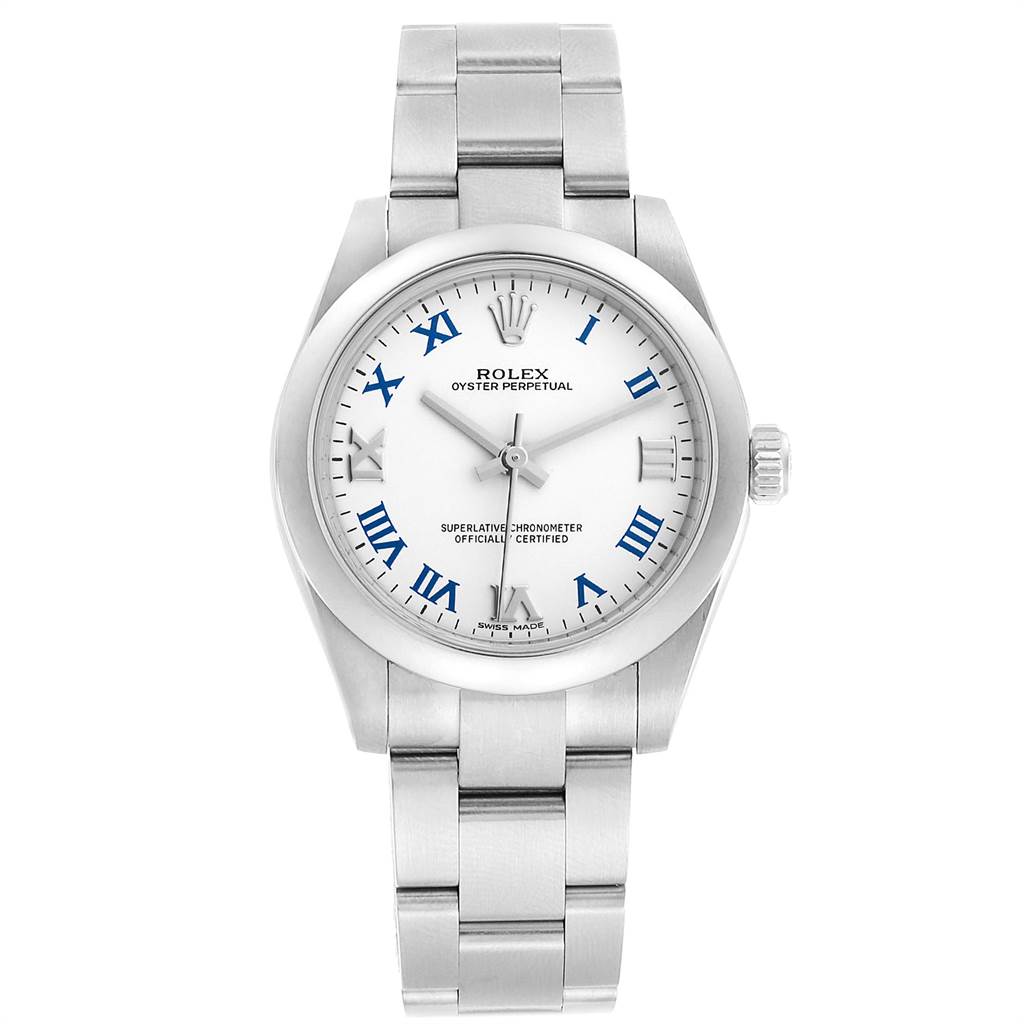The image shows a front view of a Rolex Mid-Size 177200 Women's Stainless Steel White Dial 177200 Women's Stainless Steel White Dial Oyster Perpetual watch with a stainless steel bracelet and blue Roman numeral markers.