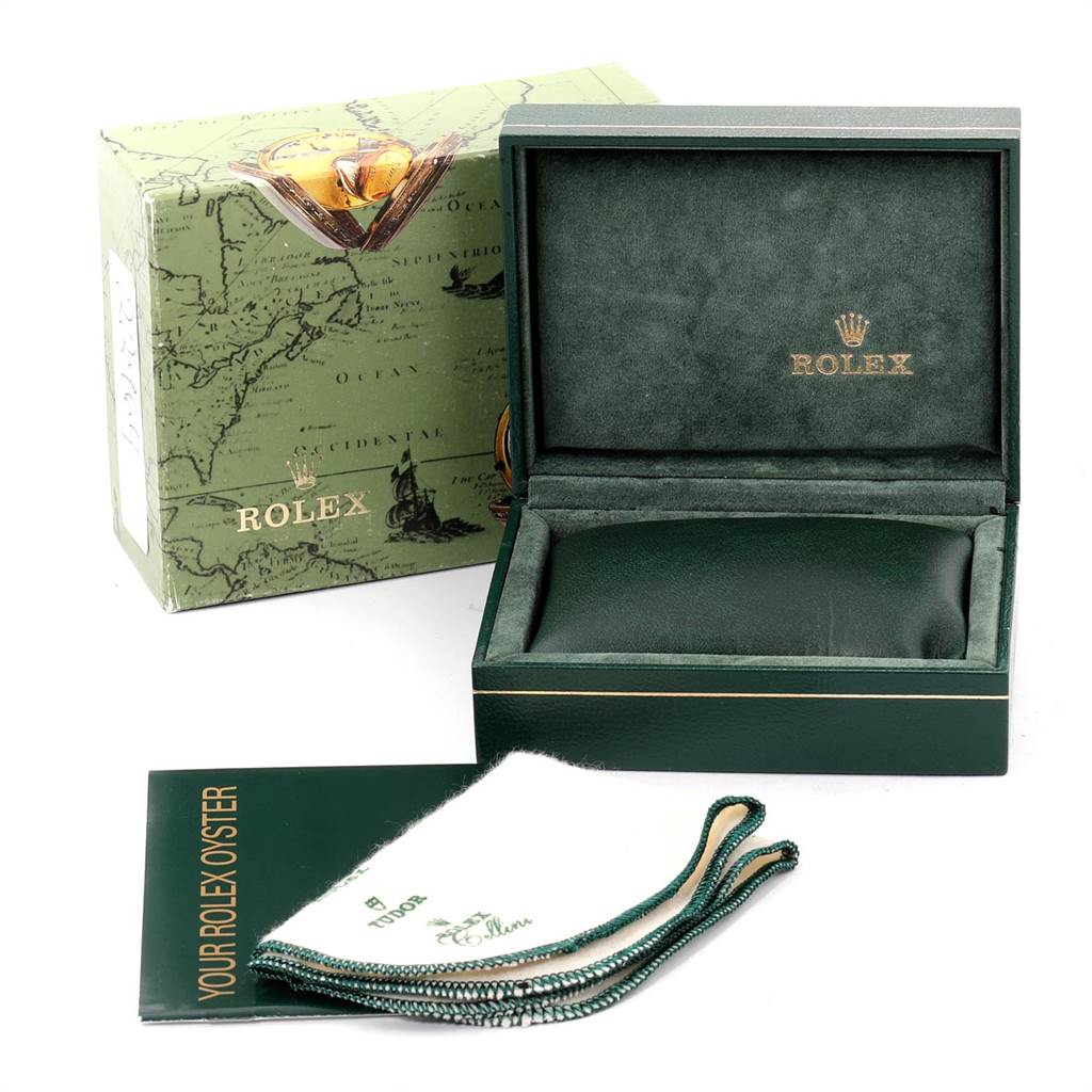 The image shows the packaging, box, and accessories for a Rolex Mid-Size 77080 Women's Stainless Steel Black Dial 77080 Women's Stainless Steel Black Dial model watch.