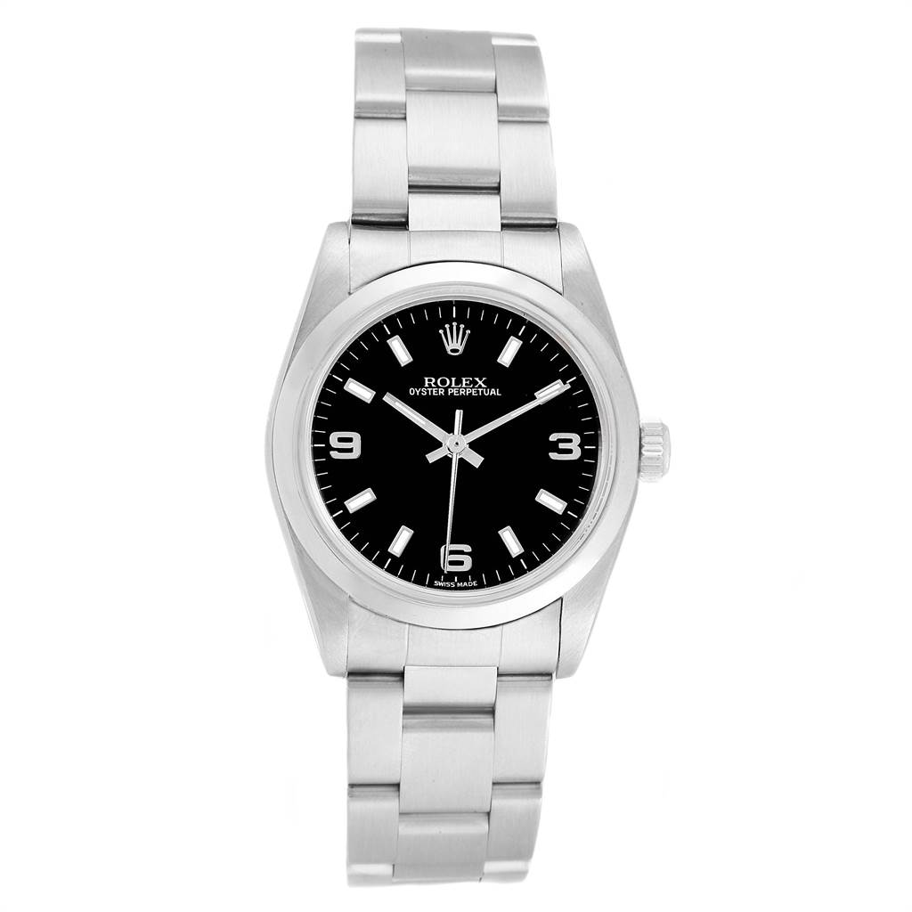 The image shows a front view of a Rolex Mid-Size 77080 Women's Stainless Steel Black Dial 77080 Women's Stainless Steel Black Dial Oyster Perpetual watch with a black dial.