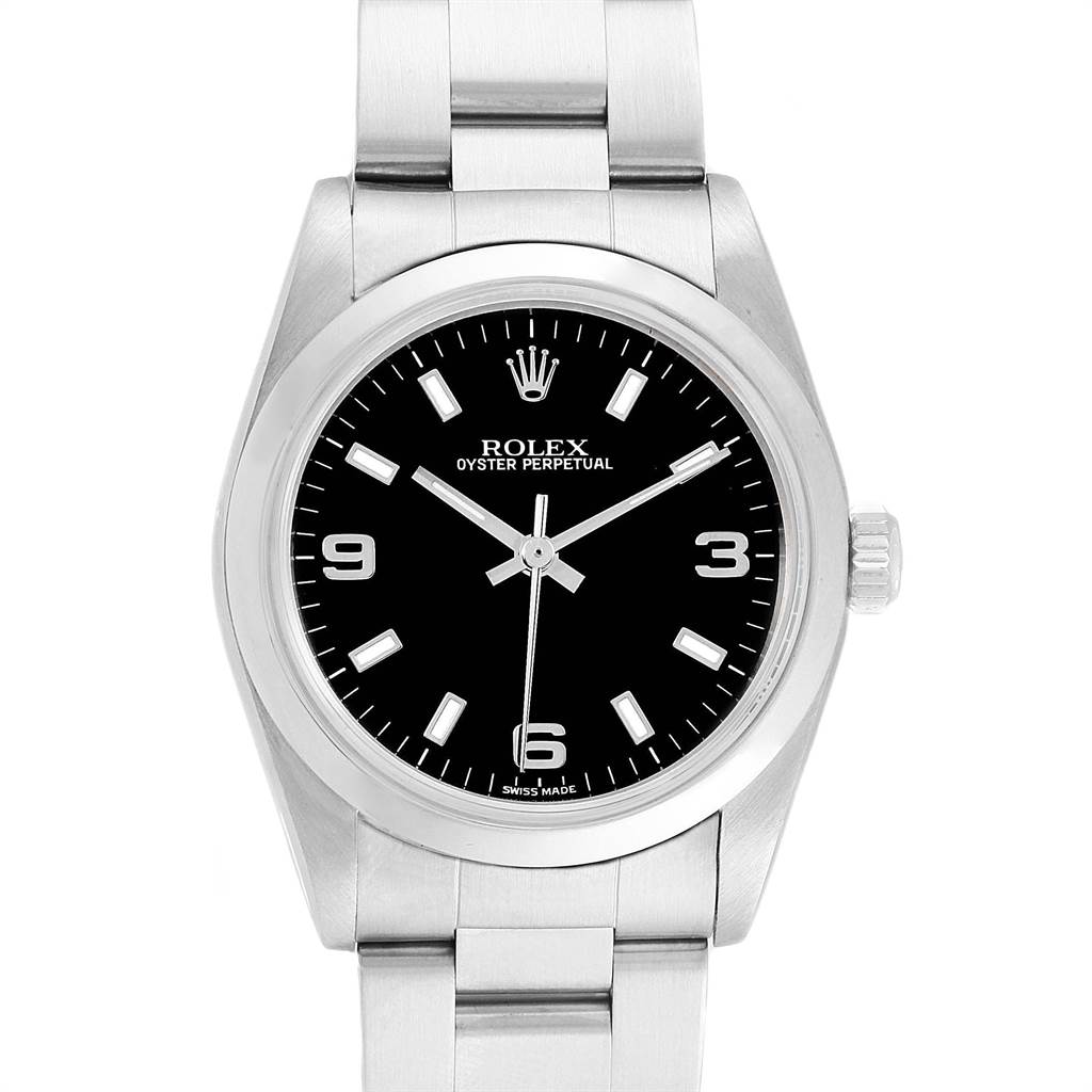 The image shows a front view of a Rolex Mid-Size 77080 Women's Stainless Steel Black Dial 77080 Women's Stainless Steel Black Dial Oyster Perpetual watch, displaying its dial, bezel, crown, and bracelet.